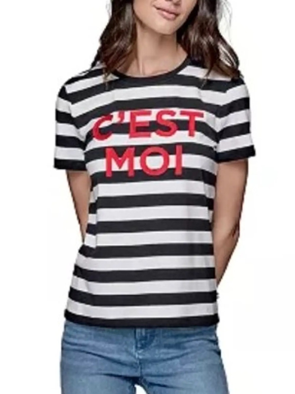 Karl Lagerfeld C’est Moi Black & White Striped Short Sleeve Tee with Red Graphic